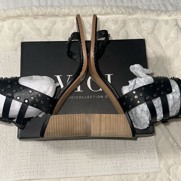 VICI 10 Celeste Black Metallic Studded Block Heel Strappy Multi Buckle Sandal - Picture 7 of 13
